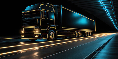 A sleek futuristic truck adorned with neon lights glides through the night, casting a vibrant glow along its body.