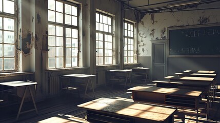 Desolate Space: Empty Classroom in Gray - obrazy, fototapety, plakaty