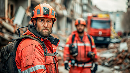 Obraz premium Earthquake rescue team in rescue operation .Searching for missing person ,help injured people ..