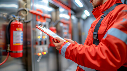 Professional Technician inspect fire extinguisher , annual inspection .