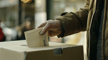 close up de mano de un hombre emitiendo su voto votando para elegir a sus gobernantes con libertad y democracia voto libre y legal - obrazy, fototapety, plakaty