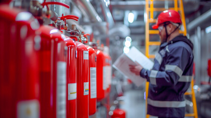 Professional Technician inspect fire extinguisher , annual inspection .