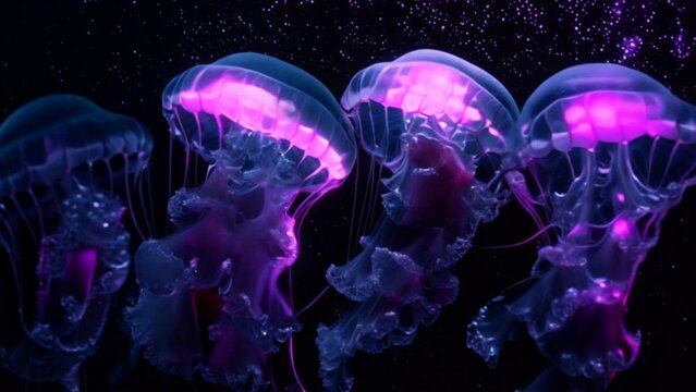 Beautiful of Glowing sea jellyfishes on dark background.