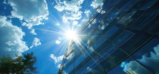 Modern skyscrapers with glass buildings with cloudy blue sky background.