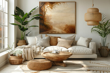 Sunlit Natural Themed Living Room with Art and Plants