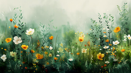 Illustrate a watercolor wash background inspired by spring meadows, with fresh tones of green, yellow, and white.