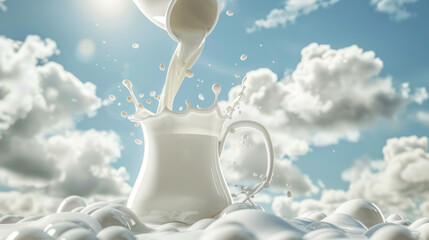 A jug of milk magically floating, milk pouring out and forming a splash against a sky blue background,