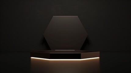 A hexagon-shaped dark brown podium on the empty black background, illuminated by soft white light.