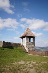 View point of triangular roof shape and covered with wooden tiles called 'spindle' in Castle in...