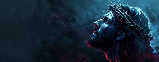 A painting of Jesus Christ with a crown of thorns on his head. The painting is dark and moody, with a sense of foreboding - obrazy, fototapety, plakaty