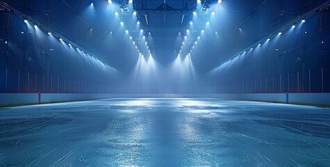 A large ice rink with a blue sky above it. The lights are on and the ice is wet