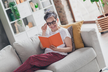 Photo of pretty retired woman read book sit sofa wear white outfit home flat rest relax spend free spare time living room indoor