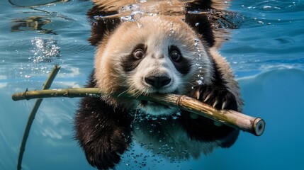 Fluffy, delighted panda swimming underwater, catch a bamboo stick in its mouth, joyful face,...