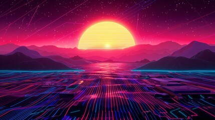 Retro 80s chip warfare, neon circuits, synthwave sunset in the background, - obrazy, fototapety, plakaty