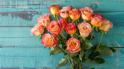 A vibrant bouquet of multicolored roses blooms against a rustic blue wooden backdrop