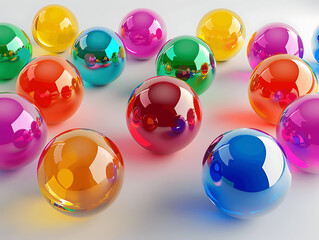 A bunch of colorful spheres floating in the air. The spheres are of different sizes and colors, creating a vibrant and dynamic scene. Concept of playfulness and creativity