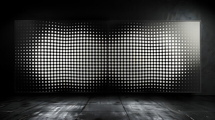 Produce a digital image featuring a grid of Hermann grid illusion, where ghostlike gray blobs appear at the intersections of a white grid on a black background. - obrazy, fototapety, plakaty