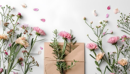 Composition with envelope and beautiful spring flowers on white background - obrazy, fototapety, plakaty