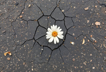 Top view of a white daisy growing out of the cracking black asphalt.

