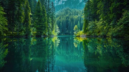 A tranquil lake nestled among towering trees, its mirror-like surface reflecting the lush greenery and vibrant colors of the surrounding forest.