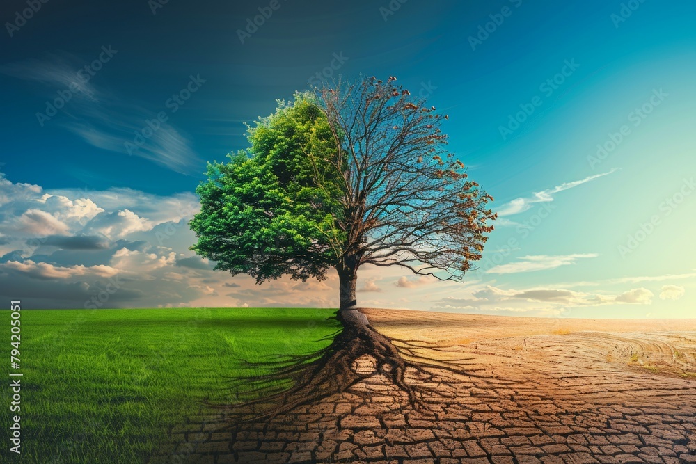 Aufkleber tree in ecology and drought concept. climate change and record heat. background with selective focus