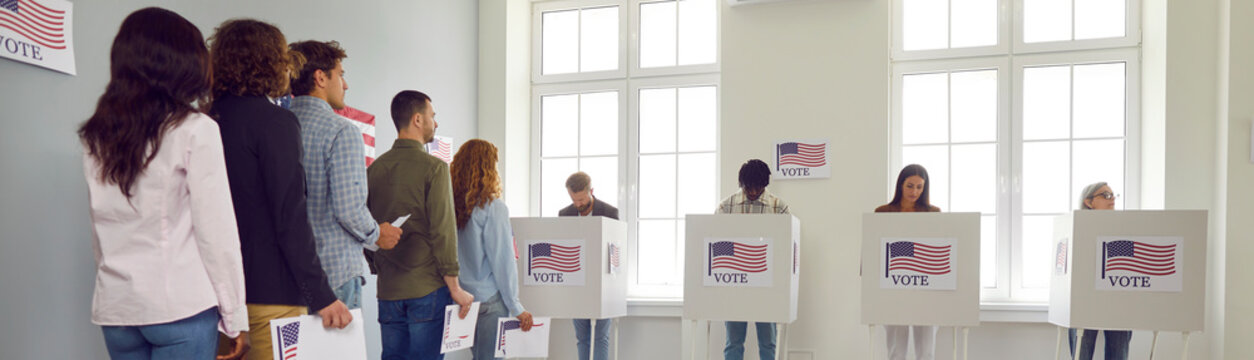 Vote.USA elections concept banner or header background. Diverse US citizens civic duty by voting. Young and mature people queue up at ballot station with American flags and white polling booths