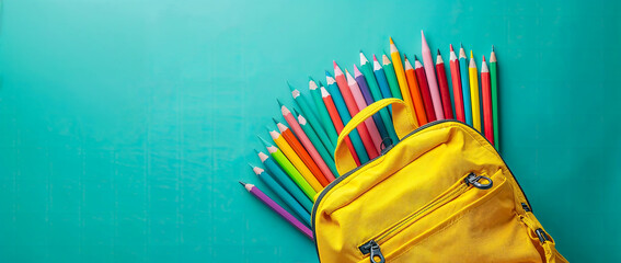 yellow school bag with color pencils on blue turquoise background, top view with copy space for text.