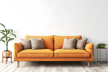 Interior Living Room, Empty Wall Mockup In White Room With Orange Sofa And Green Plants, 3d Render Real Room Template