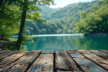 Empty wooden table in the peaceful summer lakeside forest, perfect for relaxation and vacation vibes.