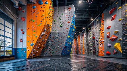 Athlete Scaling Indoor Climbing Wall in Bouldering Gym Generative AI
