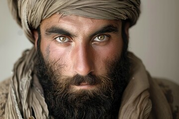 A man with a beard and a turban is staring at the camera