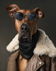 A charismatic Great Dane dog posing as a boss, proud and confident, dressed like a masculine and tough human gangster, a strong and powerful leader - 794207205