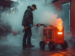 A man is spraying a machine with steam. The steam is very hot and is coming out of the machine