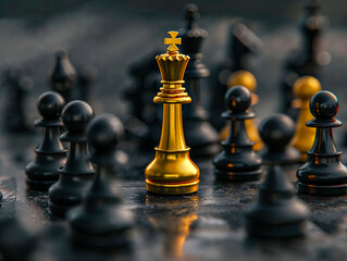 Golden king chess piece stands out from amongst a group of black chess pieces. 
