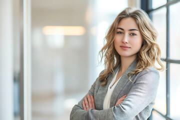 Fototapeta premium Young Successful Businesswoman At Corporate Office, Professional Woman, Successful Entrepreneur, Business Attire