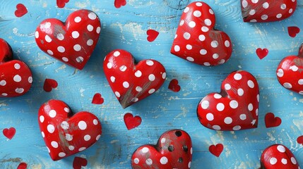 Experience the captivating sight of red hearts with white polka dots set against a vibrant blue backdrop perfect for celebrating Valentine s Day