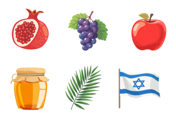 Set of icons for Shana Tova holiday on transparent background. Good for stickers. Elements for design.