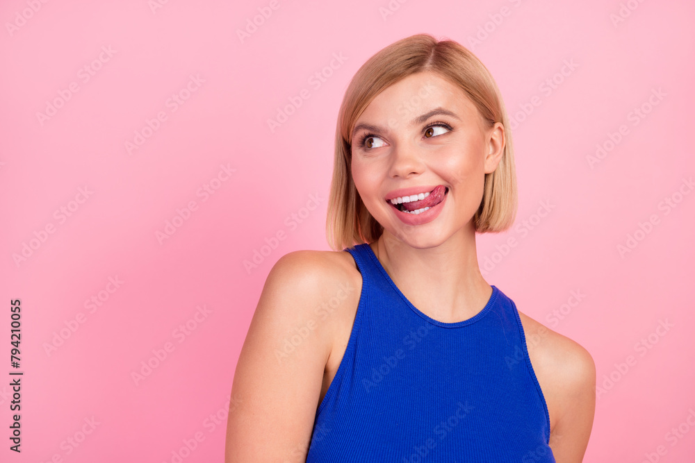 Sticker portrait of nice girl lick lips look empty space wear blue top isolated on pink color background