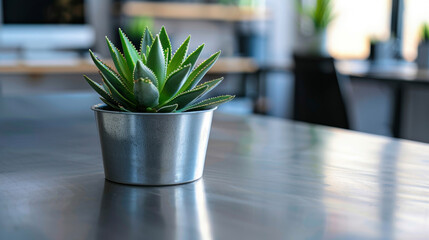 A sleek metal desk with clean lines and minimal clutter adorned with a single potted succulent plant. . .