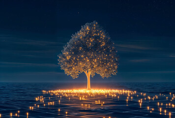 Tree glowing with lights and surrounded by candle lights in the middle of the blue ocean at night.