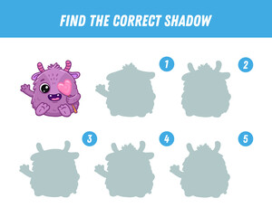 Find correct shadow of cute purple monster. Educational logical game for kids. Halloween game. Cartoon monster.