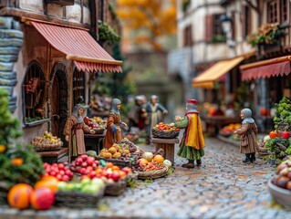 A group of people are selling fruits and vegetables in a market. The market is set up in a small town with a cobblestone street. The atmosphere is lively and bustling, with people shopping
