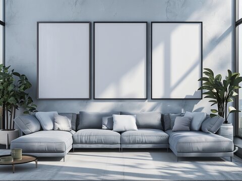 Mockup of a modern living room with three blank poster frames on the wall