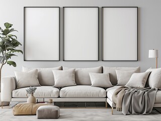 Mockup of a modern living room with three blank poster frames on the wall