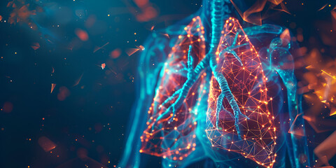 Medications for lung diseases Polygonal wireframe composition Abstract illustration isolated on dark background Particles are arranged geometrically - obrazy, fototapety, plakaty