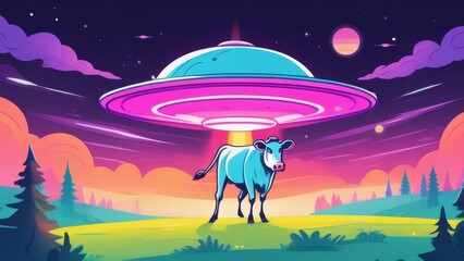 UFO over the field with white cow, at dusk