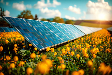 Solar panel farm, combining agriculture with energy production in rural landscape full of spring flowers