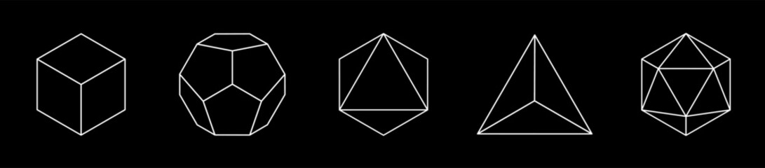 Set of vector linear platonic solids. Mathematical geometric shapes such as cube, tetrahedron, octahedron, dodecahedron, icosahedron. Icon, logo, button.