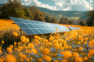  Photovoltaic solar panels producing renewable energy in agricultural flowering landscape