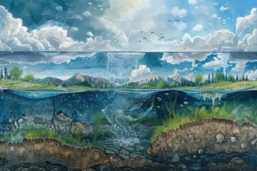 Depiction of the water cycle, with clouds, rain, and groundwater movement - obrazy, fototapety, plakaty